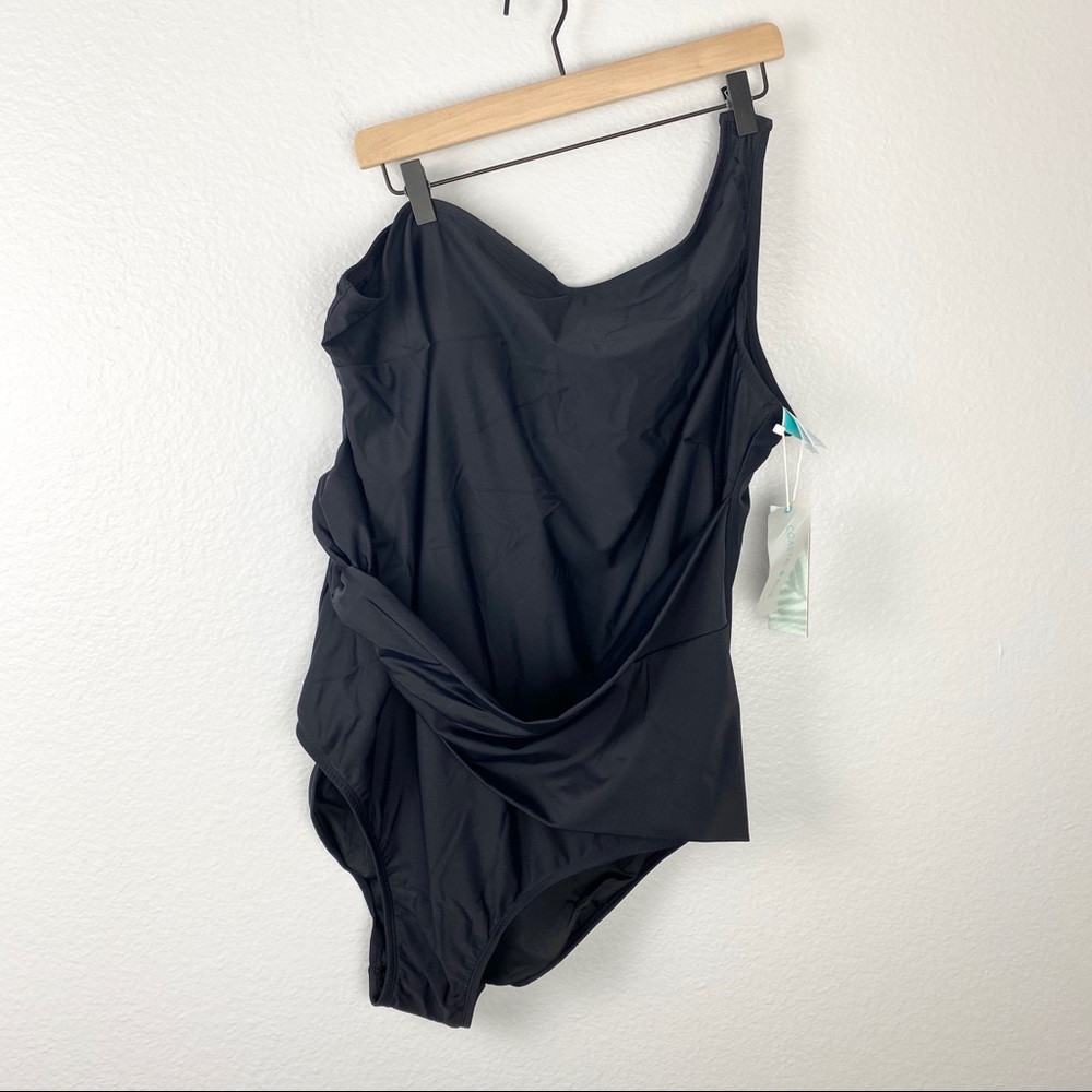 Coastal Blue One Shoulder Black Swimsuit Plus, 3X